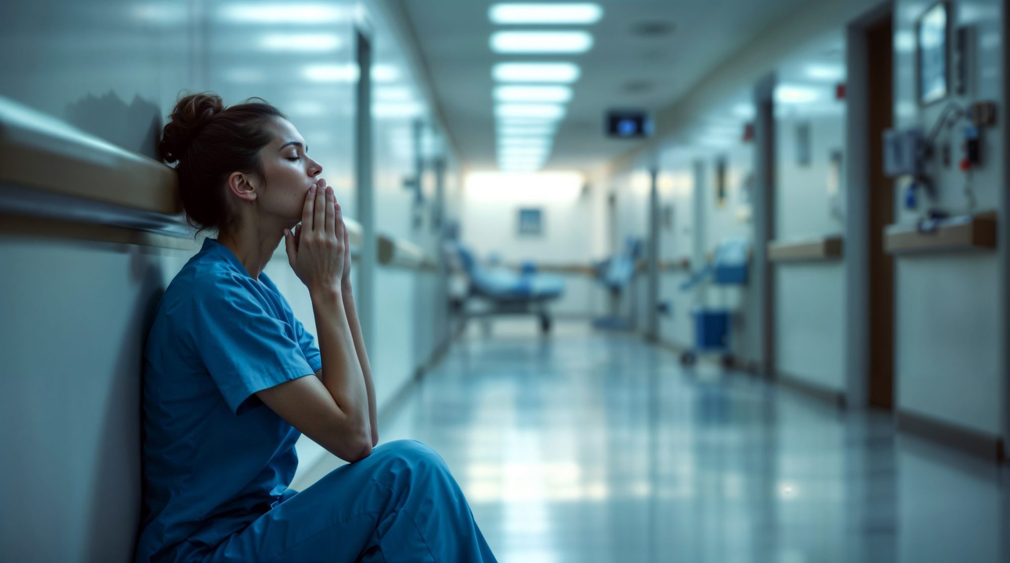 Health Care Workforce Shortages. A tired nurse sits alone in a hospital hallway, resting against the wall. Content on healthcare challenges, mental health, and the impact of staffing shortages on medi